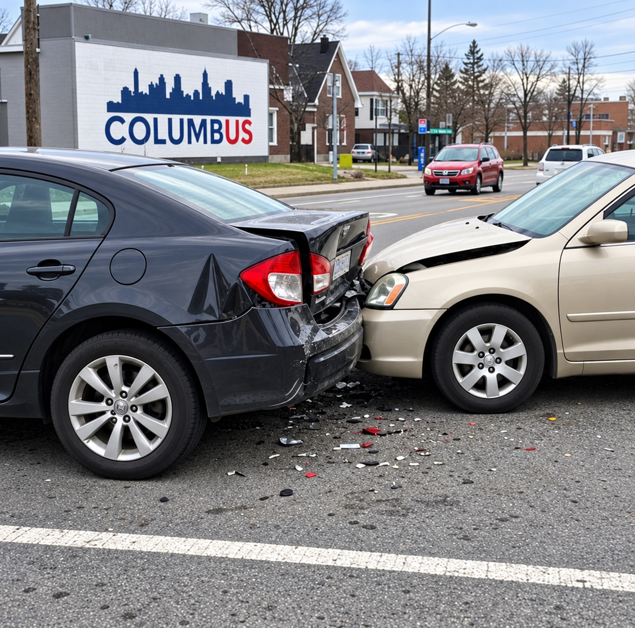 Rear-end car accident in Columbus, Ohio, showing a damaged dark sedan struck by a beige vehicle, with collision debris scattered across the roadway and a Columbus skyline mural in the background.