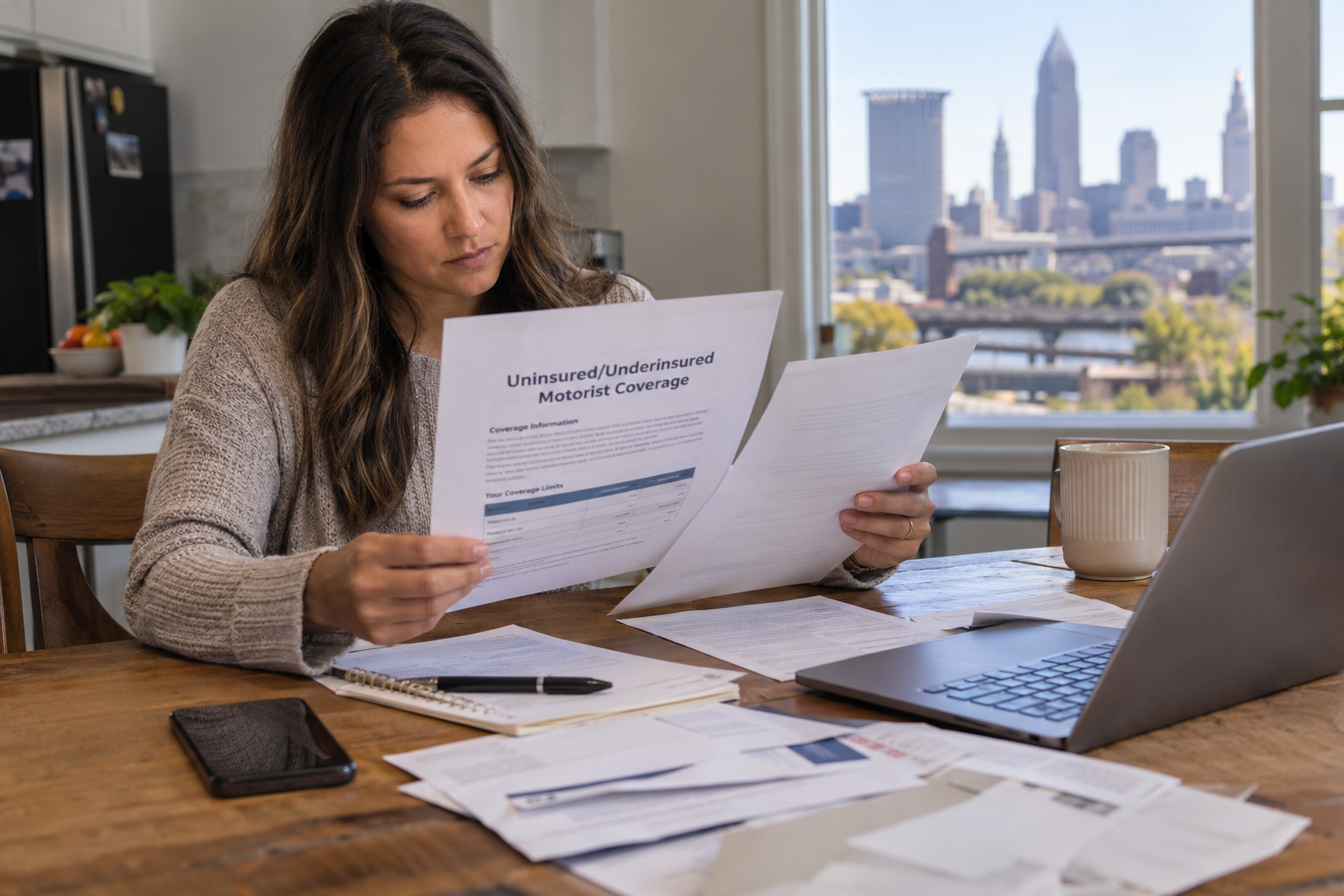 Woman in Cleveland, Ohio, reviewing uninsured and underinsured motorist coverage paperwork after a car accident to better understand her auto insurance policy and coverage options.