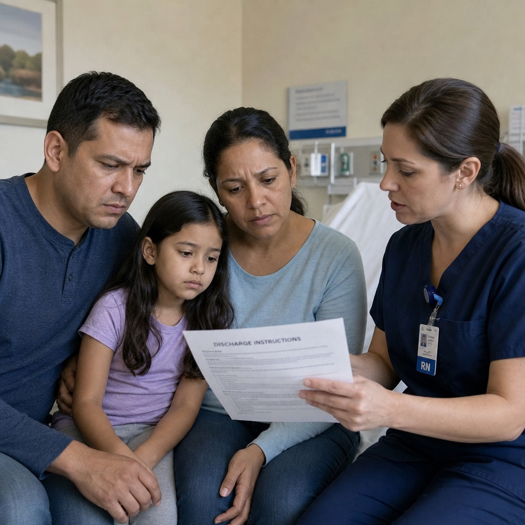 Nurse reviewing hospital discharge instructions with a concerned family and young child, highlighting patient care and medical treatment concerns relevant to medical malpractice in Toledo, Ohio.