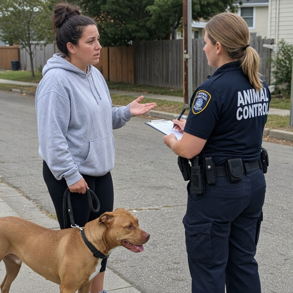 Woman speaking with an animal control officer while holding a dog on a leash after a reported dog bite incident in a Dayton, Ohio, neighborhood.