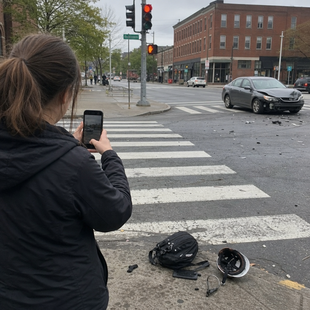 Woman photographs the scene of a pedestrian accident at a downtown Dayton, OH, intersection, showing a damaged vehicle, roadway debris, and personal belongings near a crosswalk.