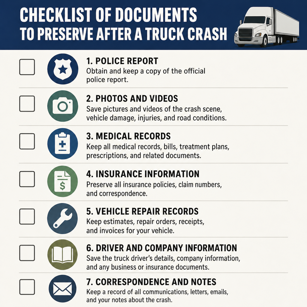 Truck accident document preservation checklist for Cleveland, Ohio, showing seven essential records to save after a commercial truck crash, including police reports, photos, medical records, insurance information, vehicle repair records, driver and trucking company details, and correspondence.