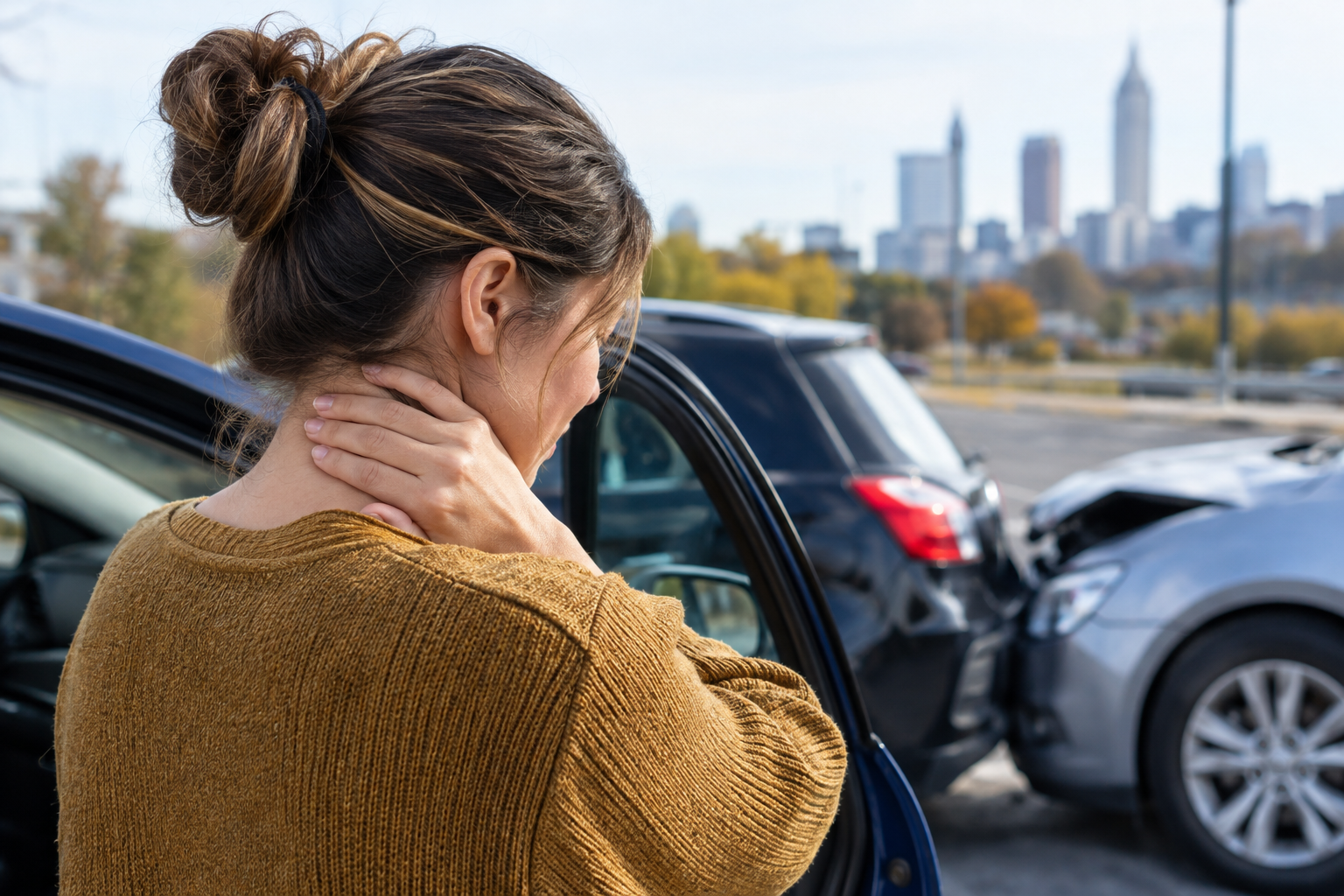 Woman experiencing neck pain and possible whiplash after a rear-end car accident in Cleveland, Ohio, with two damaged vehicles visible at the crash scene.