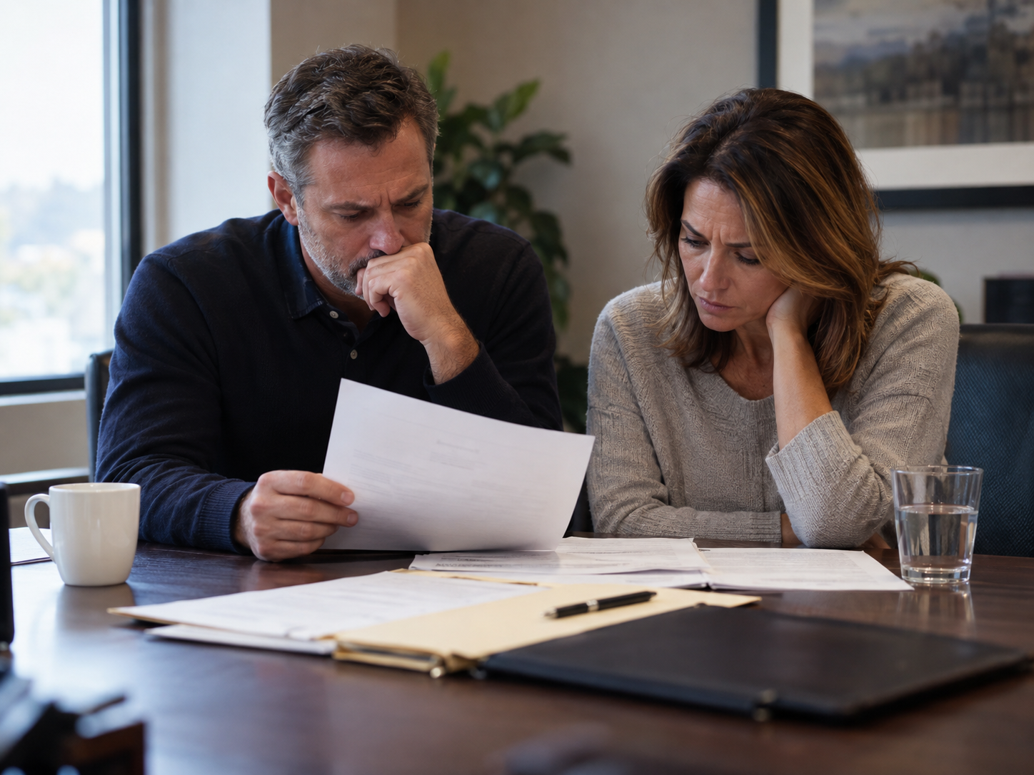 A concerned couple reviews legal documents at a conference table following a wrongful death attorney consultation, discussing paperwork related to their potential claim.