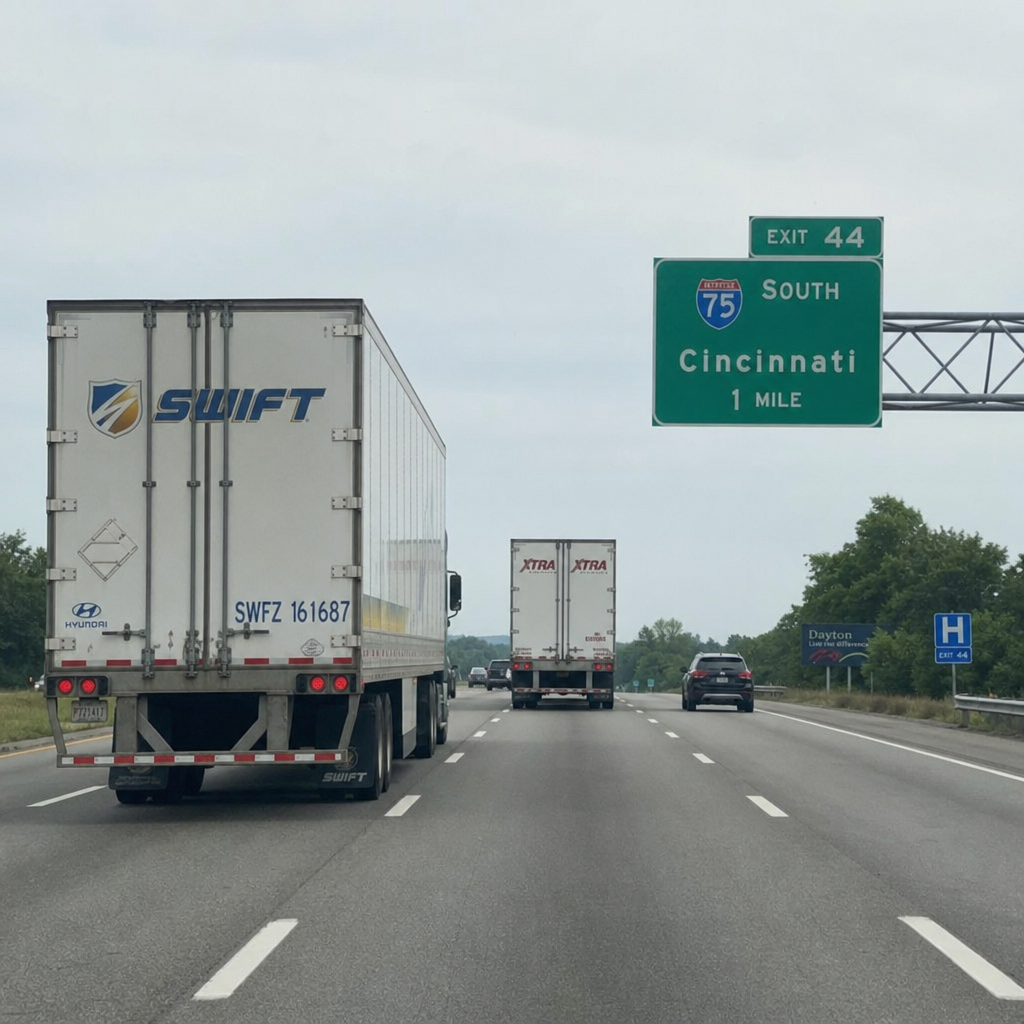 Commercial semi-trucks traveling southbound on Interstate 75 near Dayton, Ohio, approaching Exit 44 toward Cincinnati.