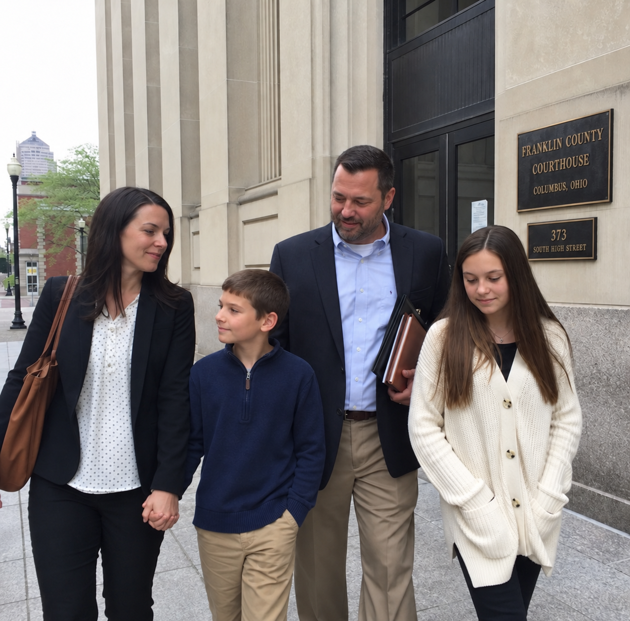 Family walking outside of a Columbus, Ohio, courthouse on the side of the street.