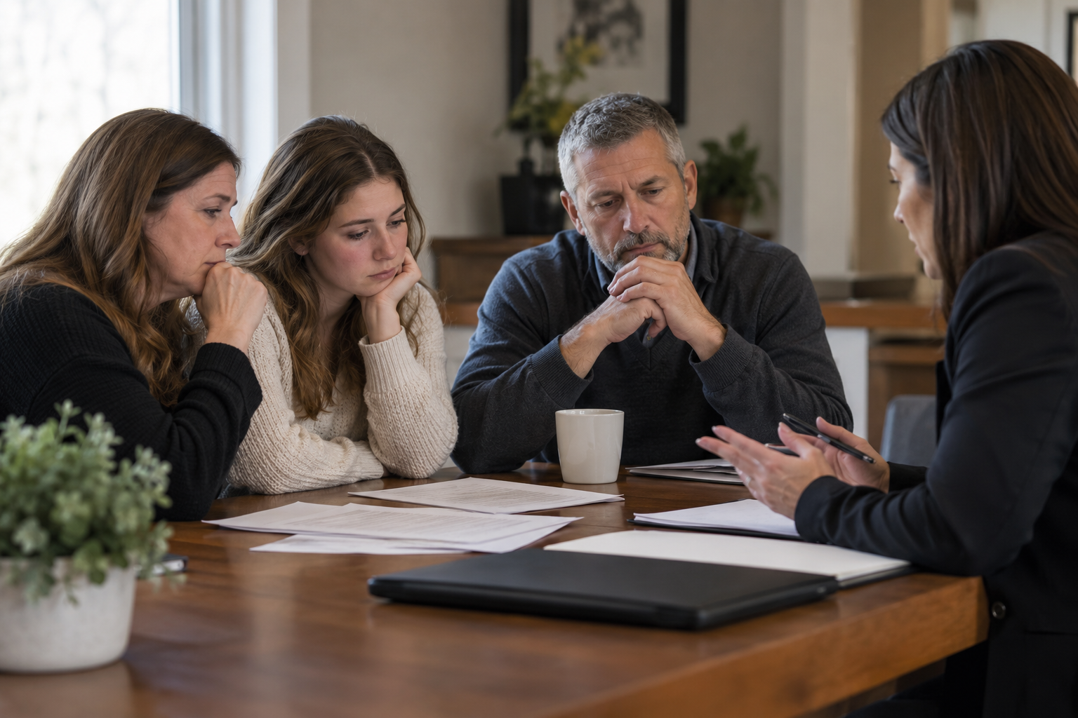 Family members meeting with a legal professional at a table to discuss documents related to an Akron, Ohio wrongful death claim.